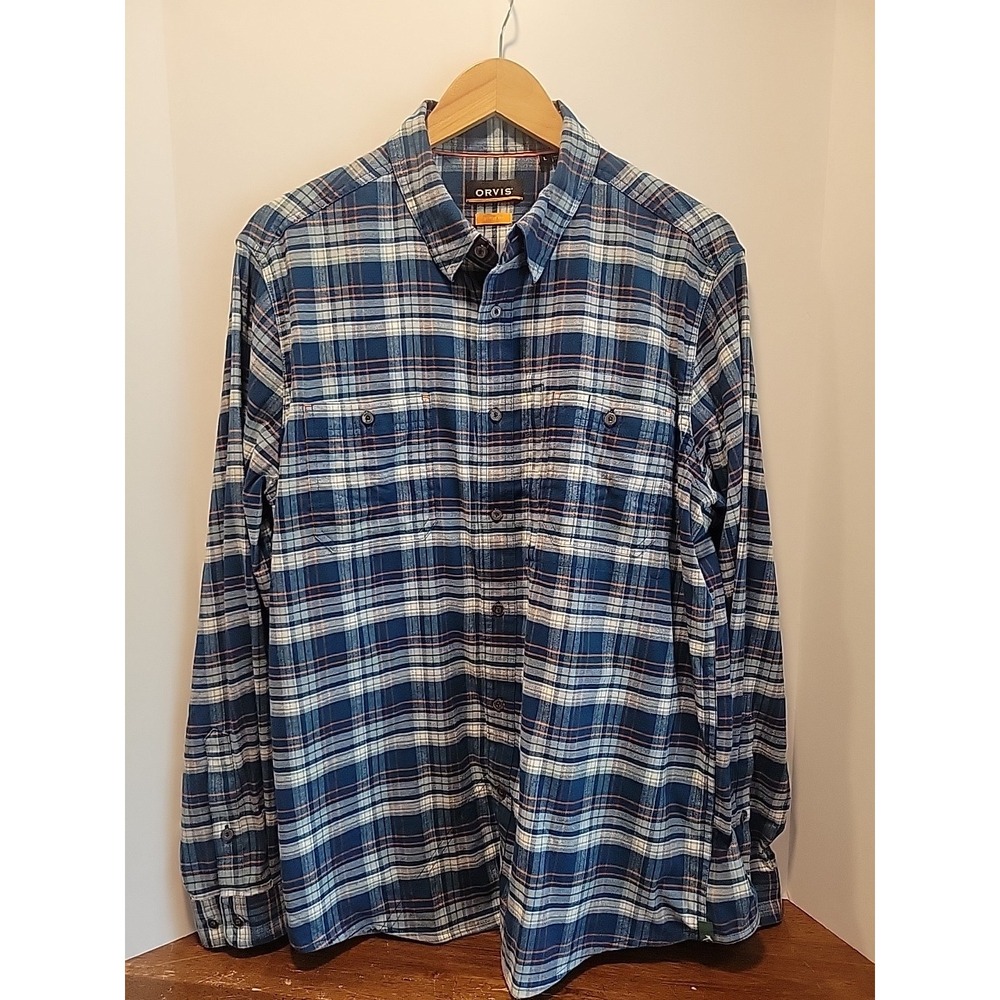 Orvis Active Fit Plaid Button Down Shirt Mens L Long Sleeve Blue Orange Stripe